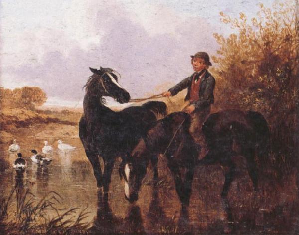 John Frederick Herring Watering The Horses and Farmyard Companions:a Pair of Paintings oil painting image